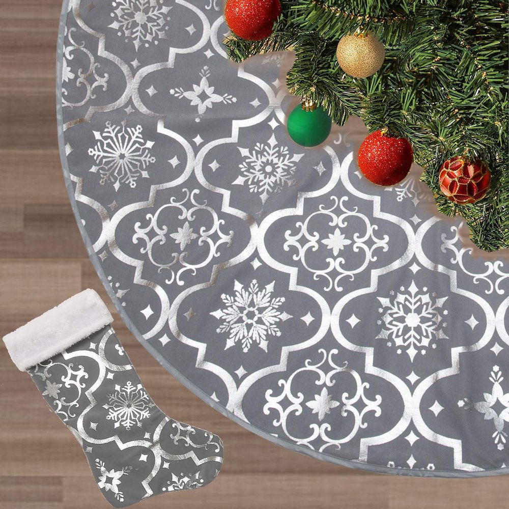 Flash World 48 Inch Large Christmas Tree Skirt Xmas Soft Cover Mat Decor Snowflake Collar Farmhouse Tree Skirt for Holiday Ornaments Party Home Indoor Decorations (Grey, 48INCH)