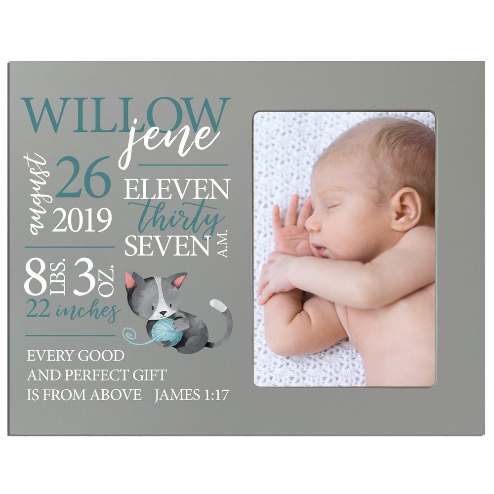 LifeSong Milestones Personalized Baby Birth Arrival Announcement - Newborn Stats Kitten Nursery Picture Frame Decor for Boys and Girls 8 x 10 Frame Holds 4 x 6 Photo (Grey)