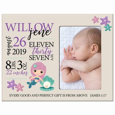 LifeSong Milestones Personalized Baby Birth Arrival Announcement - Newborn Stats Mermaid Nursery Picture Frame Decor for Boys and Girls 8 x 10 Frame Holds 4 x 6 Photo (Ivory)