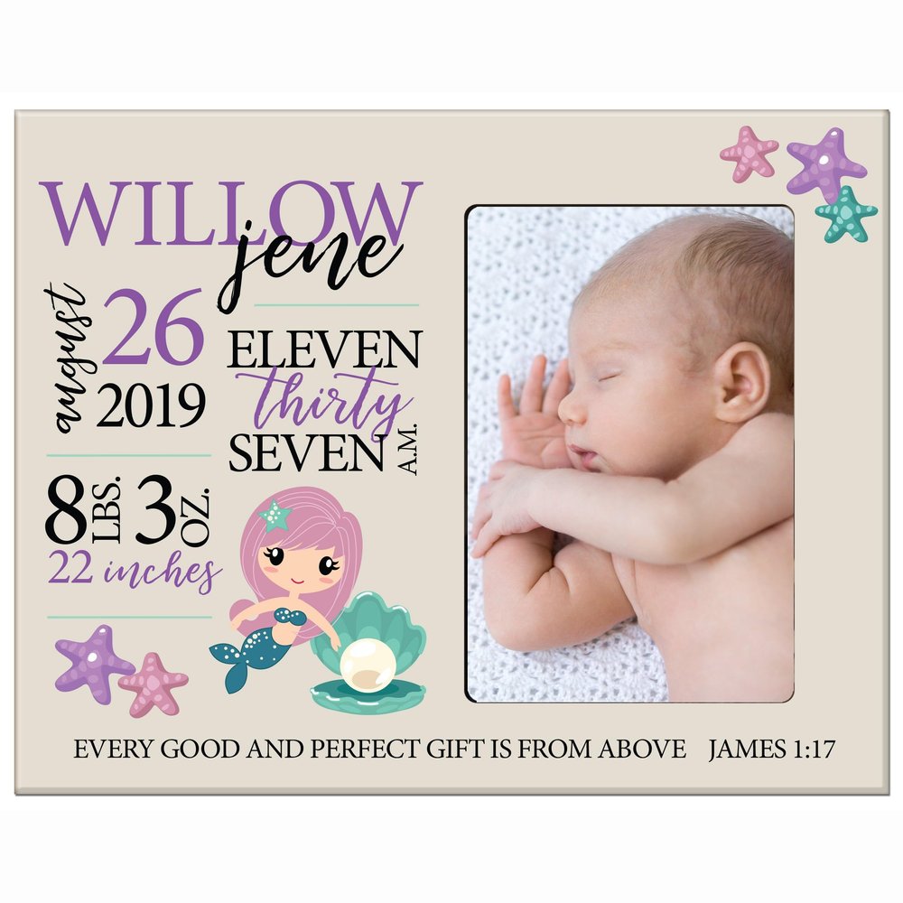 LifeSong Milestones Personalized Baby Birth Arrival Announcement - Newborn Stats Mermaid Nursery Picture Frame Decor for Boys and Girls 8 x 10 Frame Holds 4 x 6 Photo (Ivory)