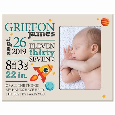 LifeSong Milestones Personalized Baby Birth Arrival Announcement - Newborn Stats Space Nursery Picture Frame Decor for Boys and Girls 8 x 10 Frame Holds 4 x 6 Photo (Ivory)