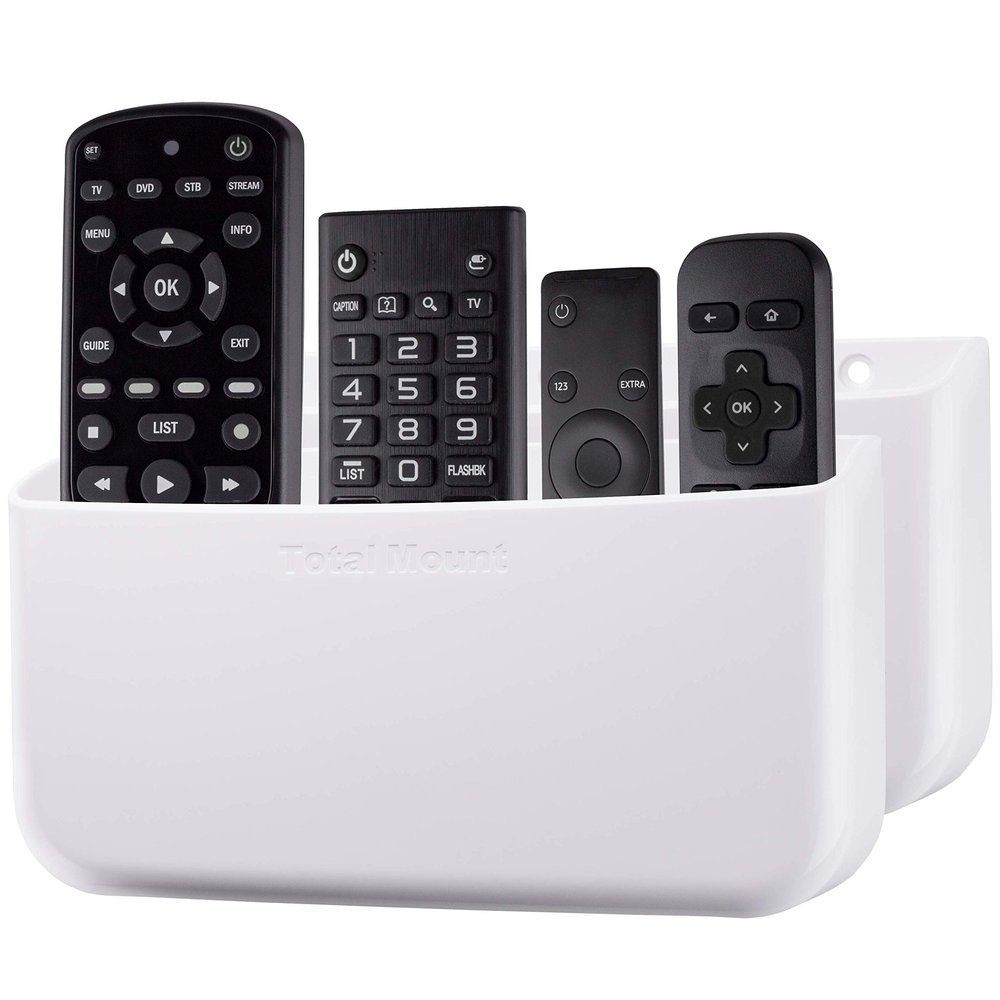 TotalMount Hole-Free Remote Holders Eliminate Need to Drill Holes in Your Wall (For 3 or 4 Remote Controls Premium White Quantity 2)