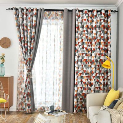 Jarl home Patio Blackout Curtains for Kids Bedroom, Orange Triangle and Solid Grey Color Sitiching Window Black Out Draperies, 2 Panels Grommet Mix and Match Curtain for Living Room