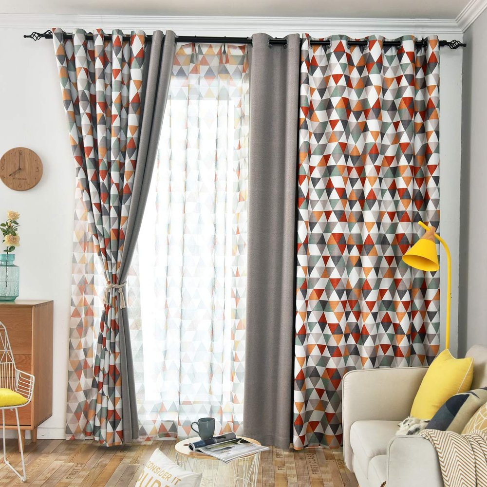 Jarl home Patio Blackout Curtains for Kids Bedroom, Orange Triangle and Solid Grey Color Sitiching Window Black Out Draperies, 2 Panels Grommet Mix and Match Curtain for Living Room