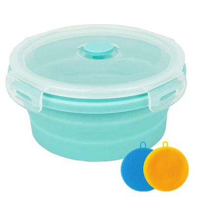 CARTINTS Small Collapsible Bowl Silicone Food Storage Containers Collapsible Camping Bowl for Travel Camping Hiking with Airtight Plastic Lids and 2Pack Silicone Dish Sponges- Blue, 500ml
