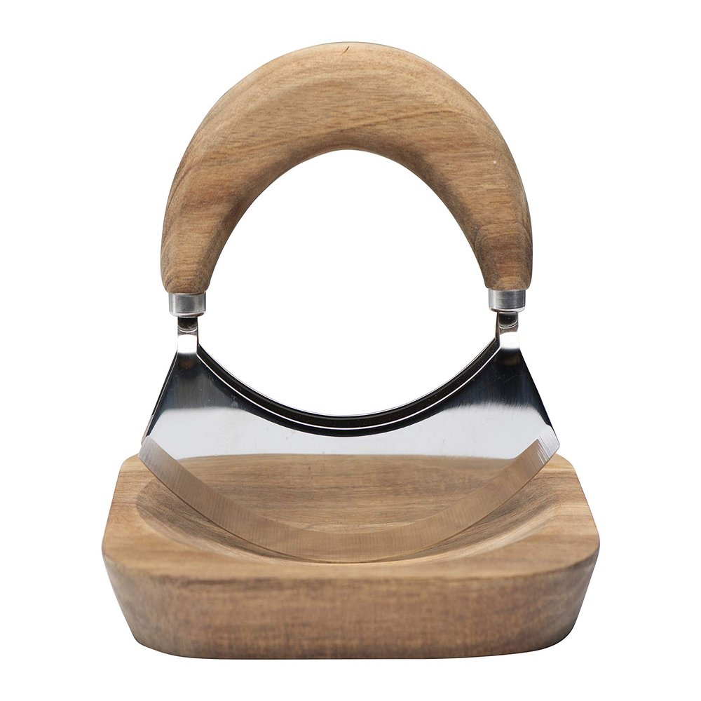 Acacia Wood & Stainless Steel Mezzaluna with Square Cutting Board (Set of 2 Pieces)