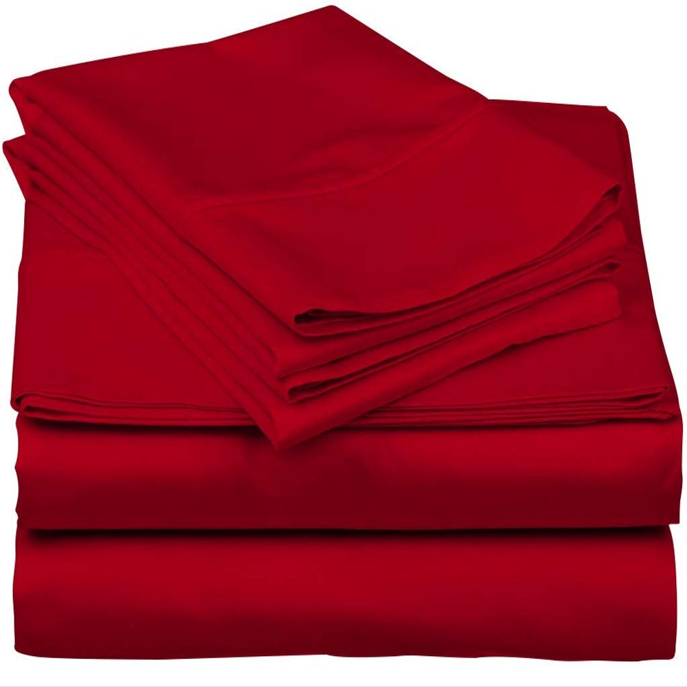 600-Thread-Count 100% Egyptian Cotton Bed Sheets, 5-Pc King,Red Sheet Set, Sateen Weave, Fits Mattress Upto 18'' Deep Pocket