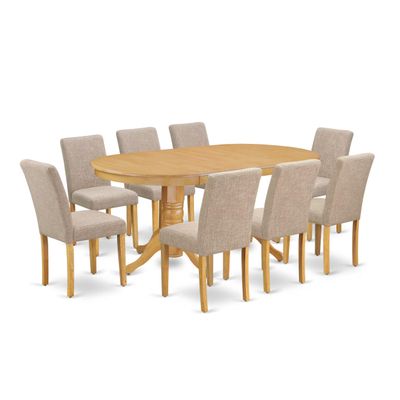 East West Furniture VAAB9-OAK-04 9 Piece Dining Table Set Includes an Oval Dining Room Table with Butterfly Leaf and 8 Light Tan Linen Fabric Parsons Chairs, 40x76 Inch, Oak