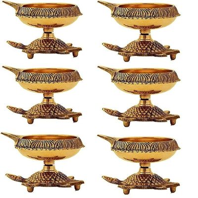 SATVIK 6 Pc Brass Kuber Turtle Diya for Diwali Decoration Handmade Oil Lamp with Golden Engraved Virgin Brass Metal Diwali Diya Vilakku