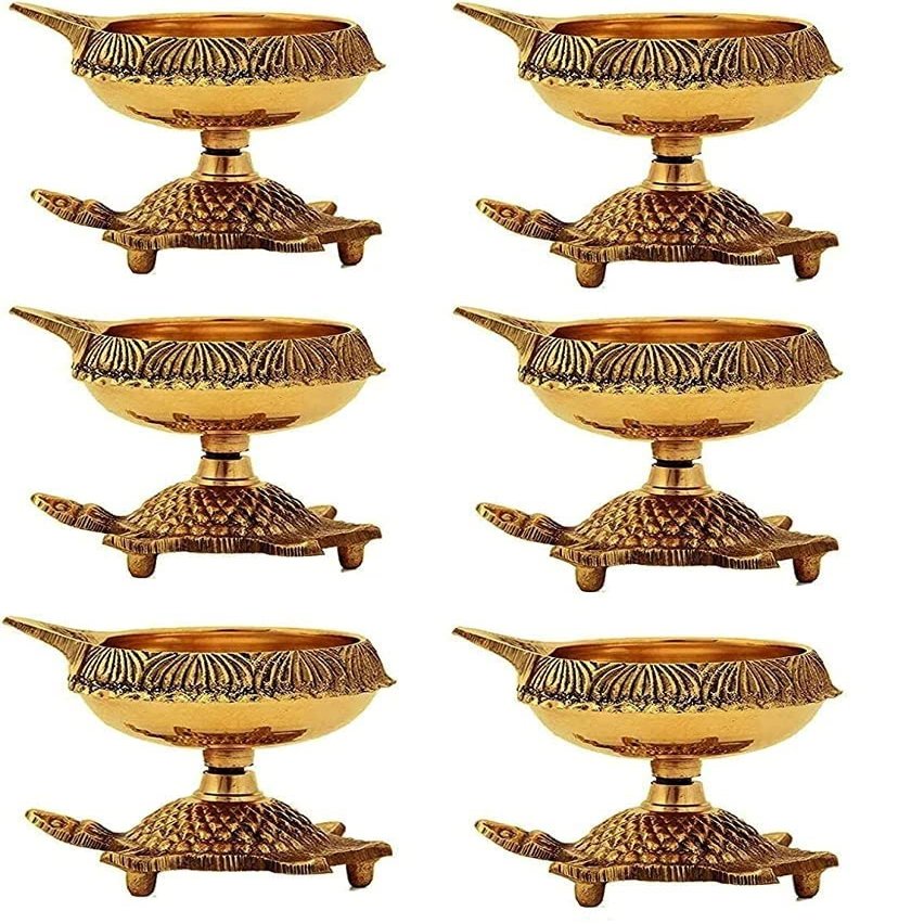 SATVIK 6 Pc Brass Kuber Turtle Diya for Diwali Decoration Handmade Oil Lamp with Golden Engraved Virgin Brass Metal Diwali Diya Vilakku