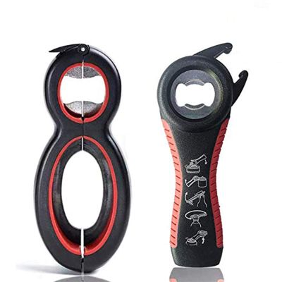 Bottle Opener Set, 5-in-1 and 6-in-1, Can, Soda, and Jar Openers, Twist Off Lid Jar Opener for Seniors and Arthritic Hands (2pcs) (Black Red)