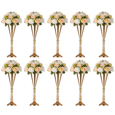 10 Pcs Tabletop Gold Metal Wedding Flower Trumpet Vase, 16.5 inch Table Decorative Centerpiece Artificial Flower Arrangements for Anniversary Ceremony Party Birthday Event Home Decoration (Gold)