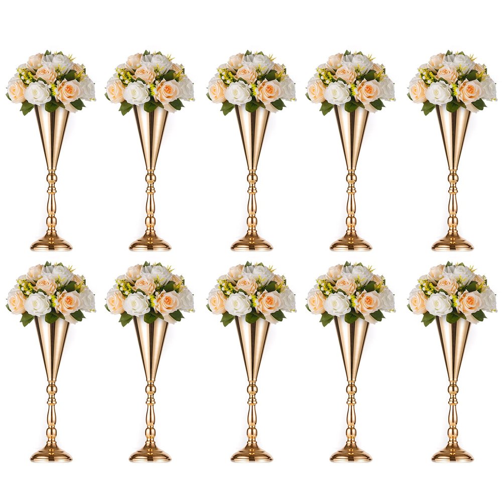 10 Pcs Tabletop Gold Metal Wedding Flower Trumpet Vase, 16.5 inch Table Decorative Centerpiece Artificial Flower Arrangements for Anniversary Ceremony Party Birthday Event Home Decoration (Gold)
