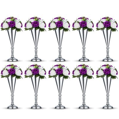 10 Pcs Tabletop Silver Metal Wedding Flower Trumpet Vase, 14 inch Table Decorative Centerpiece Artificial Flower Arrangements for Anniversary Ceremony Party Birthday Event Home Decoration (Silver)