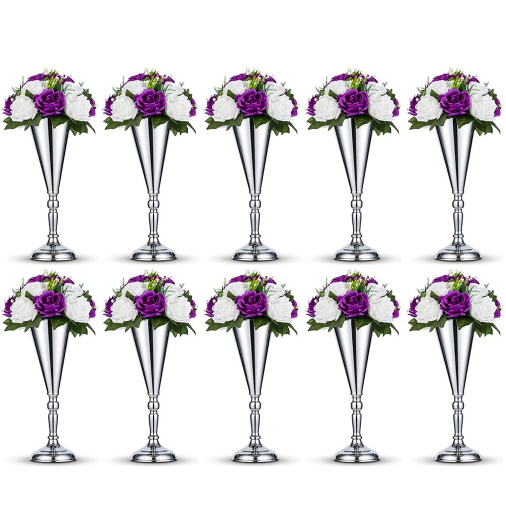 10 Pcs Tabletop Silver Metal Wedding Flower Trumpet Vase, 14 inch Table Decorative Centerpiece Artificial Flower Arrangements for Anniversary Ceremony Party Birthday Event Home Decoration (Silver)