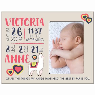 LifeSong Milestones Personalized Baby Birth Arrival Announcement - Newborn Stats Alpaca Nursery Picture Frame Decor for Boys and Girls 8 x 10 Frame Holds 4 x 6 Photo (Ivory)