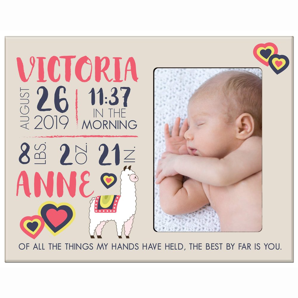 LifeSong Milestones Personalized Baby Birth Arrival Announcement - Newborn Stats Alpaca Nursery Picture Frame Decor for Boys and Girls 8 x 10 Frame Holds 4 x 6 Photo (Ivory)