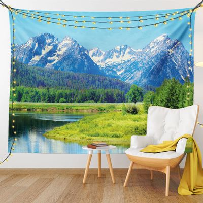 Ambesonne Landscape Tapestry King Size, Grand Teton National Park Snowy Peak Mountains Nature Scene Picture, Wall Hanging Bedspread Bed Cover Wall Decor, 104" X 88", Yellow Green Multicolor