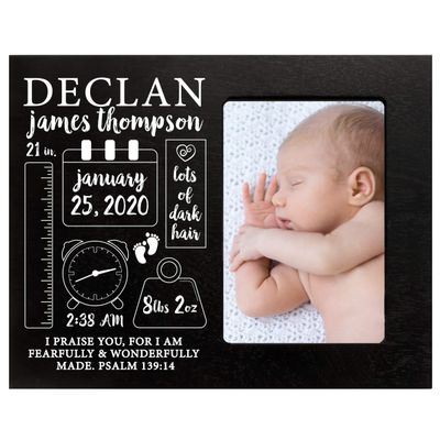 LifeSong Milestones Personalized Baby Birth Arrival Announcement - Newborn Stats Chalkboard Nursery Picture Frame Decor for Boys and Girls 8 x 10 Frame Holds 4 x 6 Photo (Black)