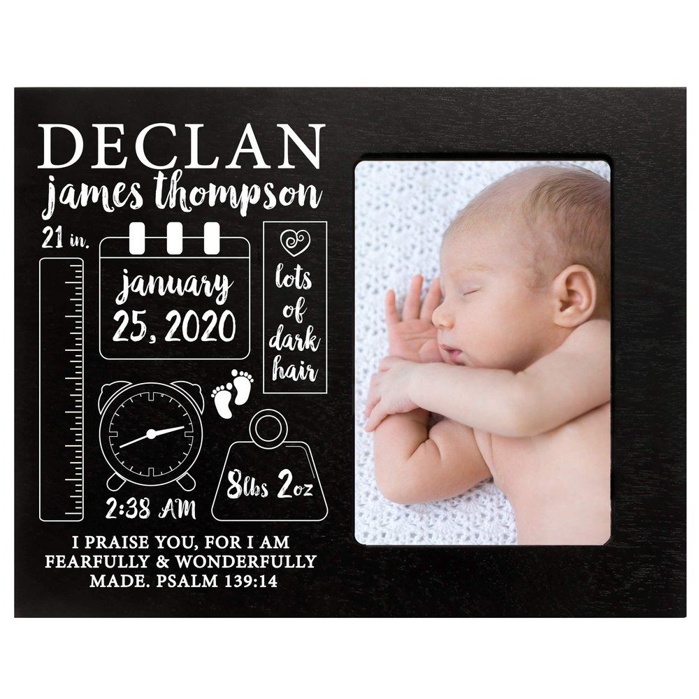 LifeSong Milestones Personalized Baby Birth Arrival Announcement - Newborn Stats Chalkboard Nursery Picture Frame Decor for Boys and Girls 8 x 10 Frame Holds 4 x 6 Photo (Black)