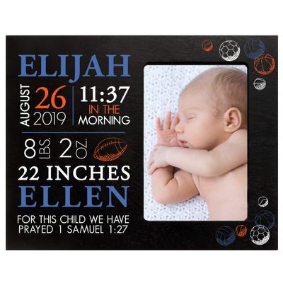 LifeSong Milestones Personalized Baby Birth Arrival Announcement - Newborn Stats Sports Nursery Picture Frame Decor for Boys and Girls 8 x 10 Frame Holds 4 x 6 Photo (Black)