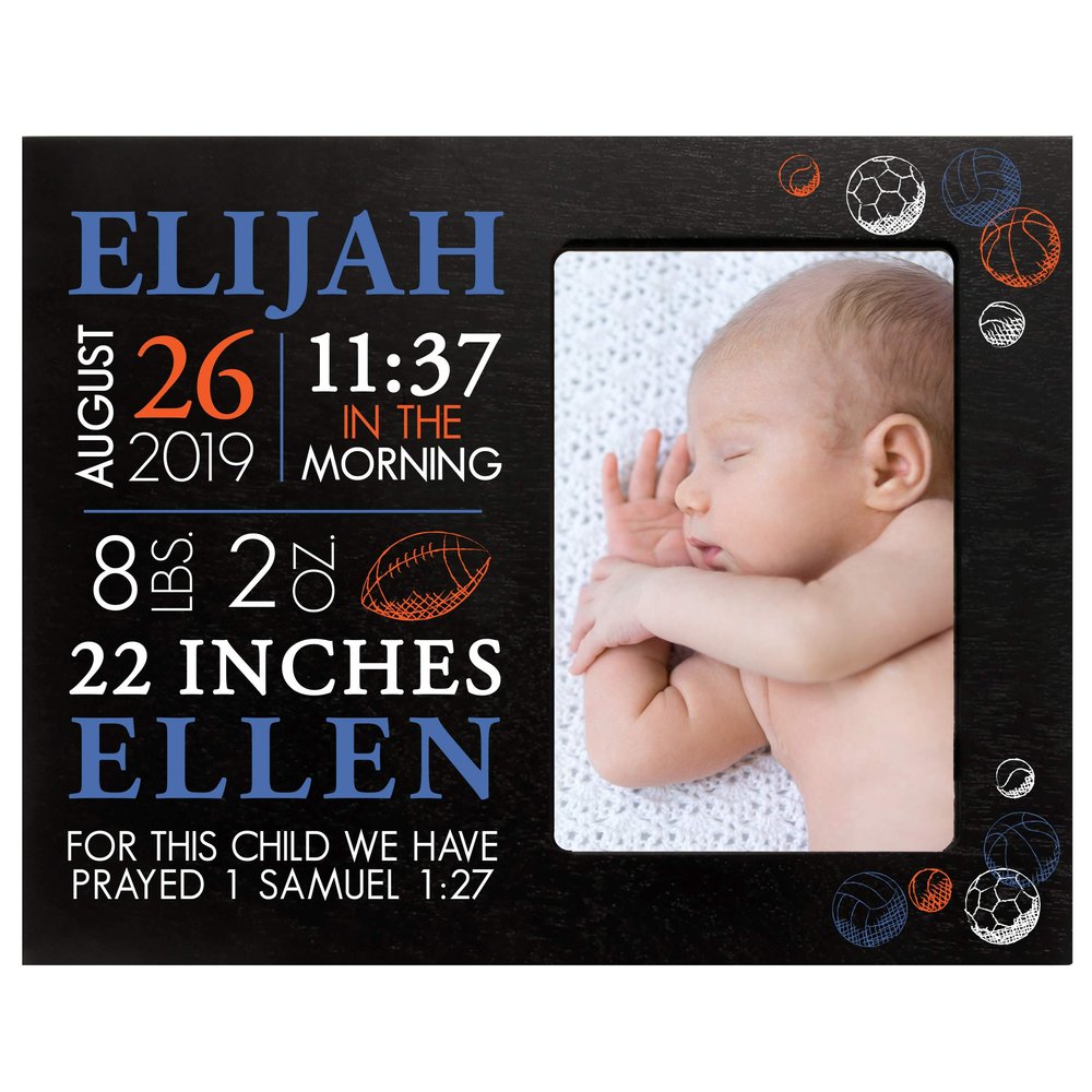 LifeSong Milestones Personalized Baby Birth Arrival Announcement - Newborn Stats Sports Nursery Picture Frame Decor for Boys and Girls 8 x 10 Frame Holds 4 x 6 Photo (Black)
