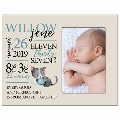 LifeSong Milestones Personalized Baby Birth Arrival Announcement - Newborn Stats Kitten Nursery Picture Frame Decor for Boys and Girls 8 x 10 Frame Holds 4 x 6 Photo (Ivory)