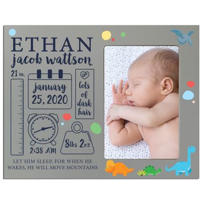 LifeSong Milestones Personalized Baby Birth Arrival Announcement - Newborn Stats Dinosaur Nursery Picture Frame Decor for Boys and Girls 8 x 10 Frame Holds 4 x 6 Photo (Grey)