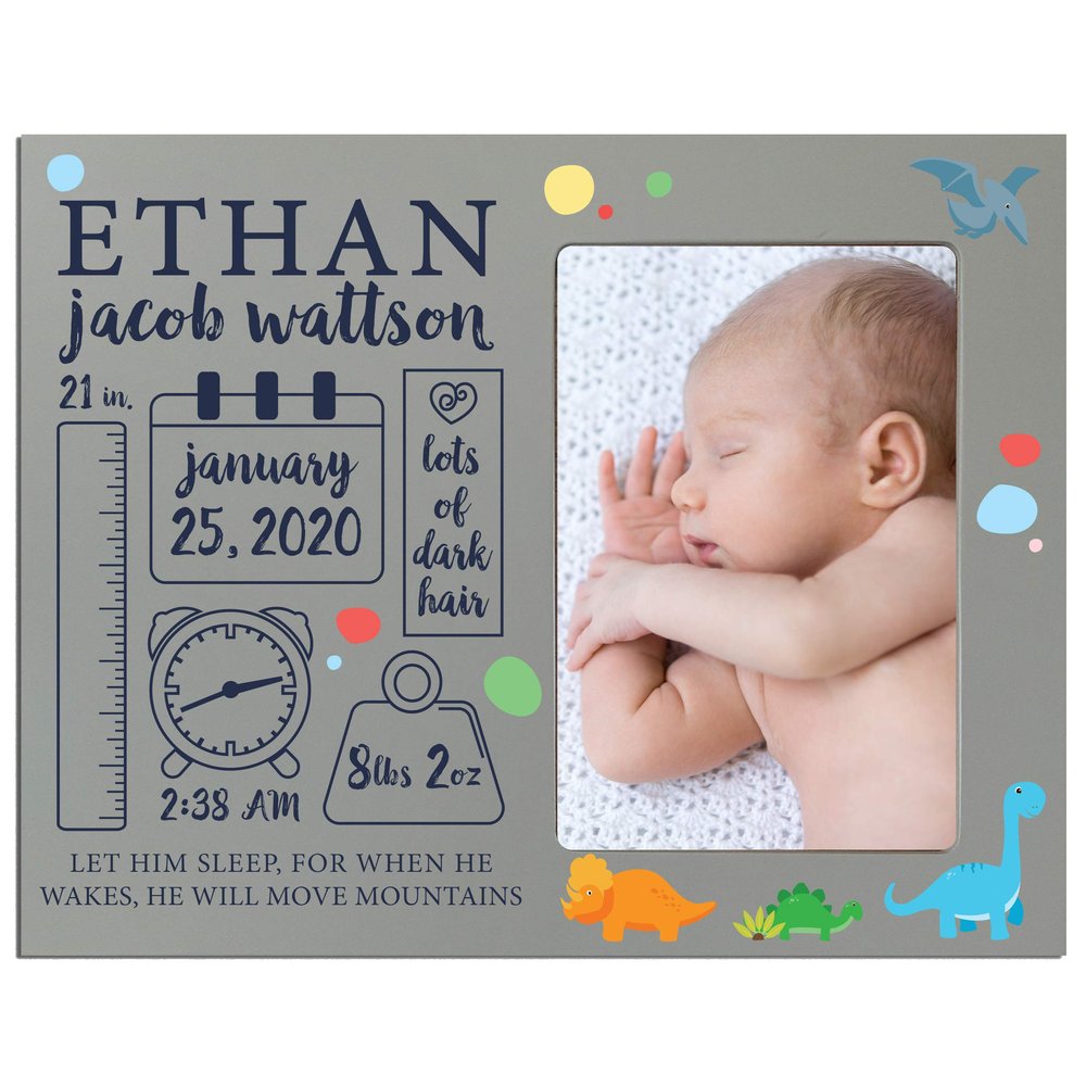 LifeSong Milestones Personalized Baby Birth Arrival Announcement - Newborn Stats Dinosaur Nursery Picture Frame Decor for Boys and Girls 8 x 10 Frame Holds 4 x 6 Photo (Grey)