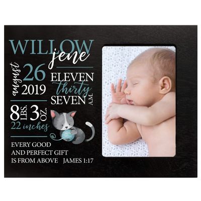 LifeSong Milestones Personalized Baby Birth Arrival Announcement - Newborn Stats Kitten Nursery Picture Frame Decor for Boys and Girls 8 x 10 Frame Holds 4 x 6 Photo (Black)