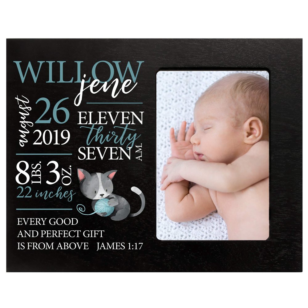 LifeSong Milestones Personalized Baby Birth Arrival Announcement - Newborn Stats Kitten Nursery Picture Frame Decor for Boys and Girls 8 x 10 Frame Holds 4 x 6 Photo (Black)