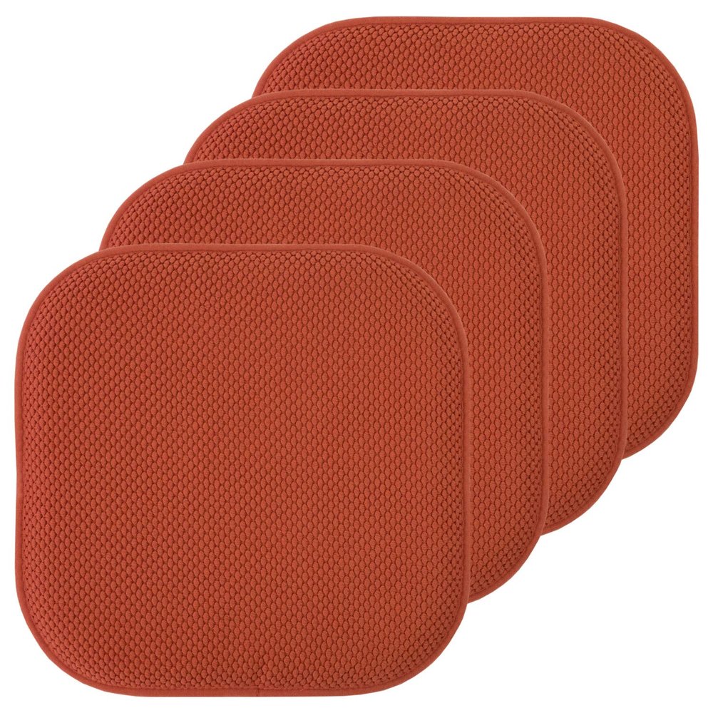 Sweet Home Collection Chair Cushion Memory Foam Pads Honeycomb Pattern Slip Non Skid Rubber Back Rounded Square 16" x 16" Seat Cover, 4 Pack, Rust