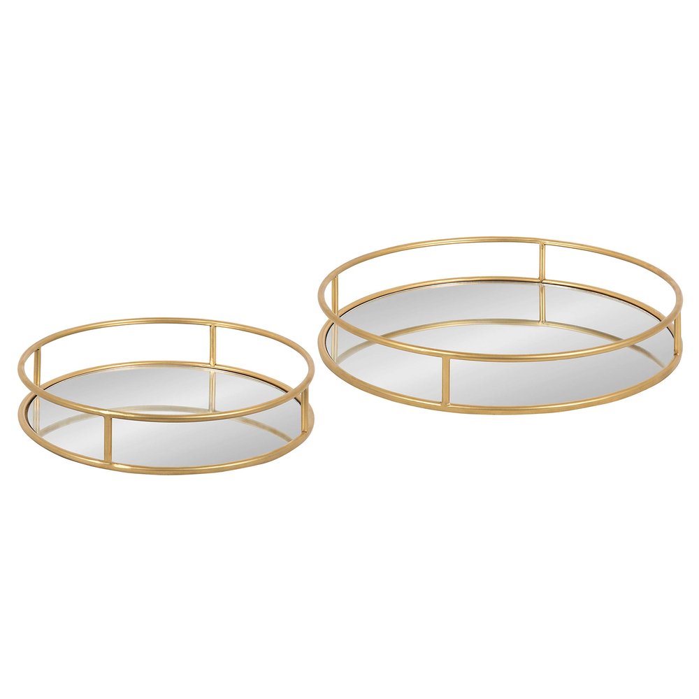 Kate and Laurel Felicia Modern Glam Metal Nesting Trays | Decorative Round Shape with Handles and Mirror Surface, Set of 2, Gold