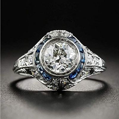 Bansriracha 925 Silver Sapphire Gemstone Round White Zircon Wedding Engagement Rings for Women Fine Jewelry Ring Gifts (Gem Color: Blue, 9)