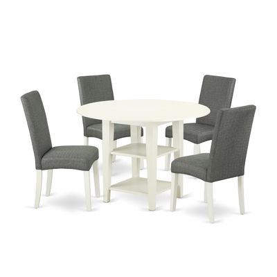 East West Furniture SUDR5-LWH-07 5 Piece Dining Set Includes a Round Dining Room Table with Dropleaf & Shelves and 4 Gray Linen Fabric Upholstered Parson Chairs, 42x42 Inch, Linen White