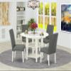 East West Furniture SUDR5-LWH-07 5 Piece Dining Set Includes a Round Dining Room Table with Dropleaf & Shelves and 4 Gray Linen Fabric Upholstered Parson Chairs, 42x42 Inch, Linen White view 2
