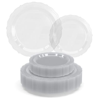 Exquisite Victorian Plastic Plates 80 Piece Plastic Disposable Plates for Party Set For 40 Guests 40 X 7.5 inch Dessert Plates & 40 X 10.25 Inch Plastic Plates Disposable Heavy Duty Clear Plates