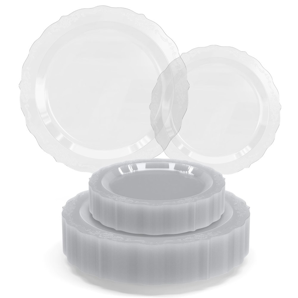 Exquisite Victorian Plastic Plates 80 Piece Plastic Disposable Plates for Party Set For 40 Guests 40 X 7.5 inch Dessert Plates & 40 X 10.25 Inch Plastic Plates Disposable Heavy Duty Clear Plates
