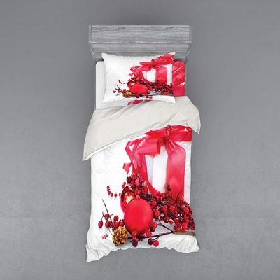 Ambesonne Christmas Duvet Cover Set, New Year Box with Berries Pine Cones Baubles End of The Year Theme, 3 Piece Bedding Set with Sham and Fitted Sheet, Twin XL Size, Dark Coral and White