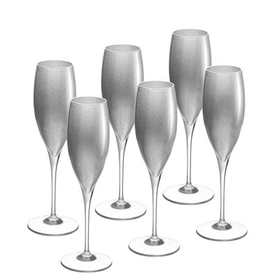 Barski Glass Toasting Flute, Champagne, Flutes, Set of 6 Crystal Glasses, Wedding Toasting Flutes, Silver Decorated, 11 oz Made in Europe
