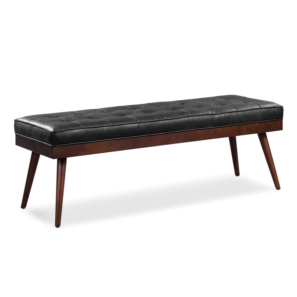 Poly & BARK 55" Tufted Leather Bed Bench for Bedroom End of Bed - Living Room Entry Way Bench - Pure Italian Leather Upholstery with a Solid Wood Frame - Ottoman Bench with Wooden Legs - Onyx Black