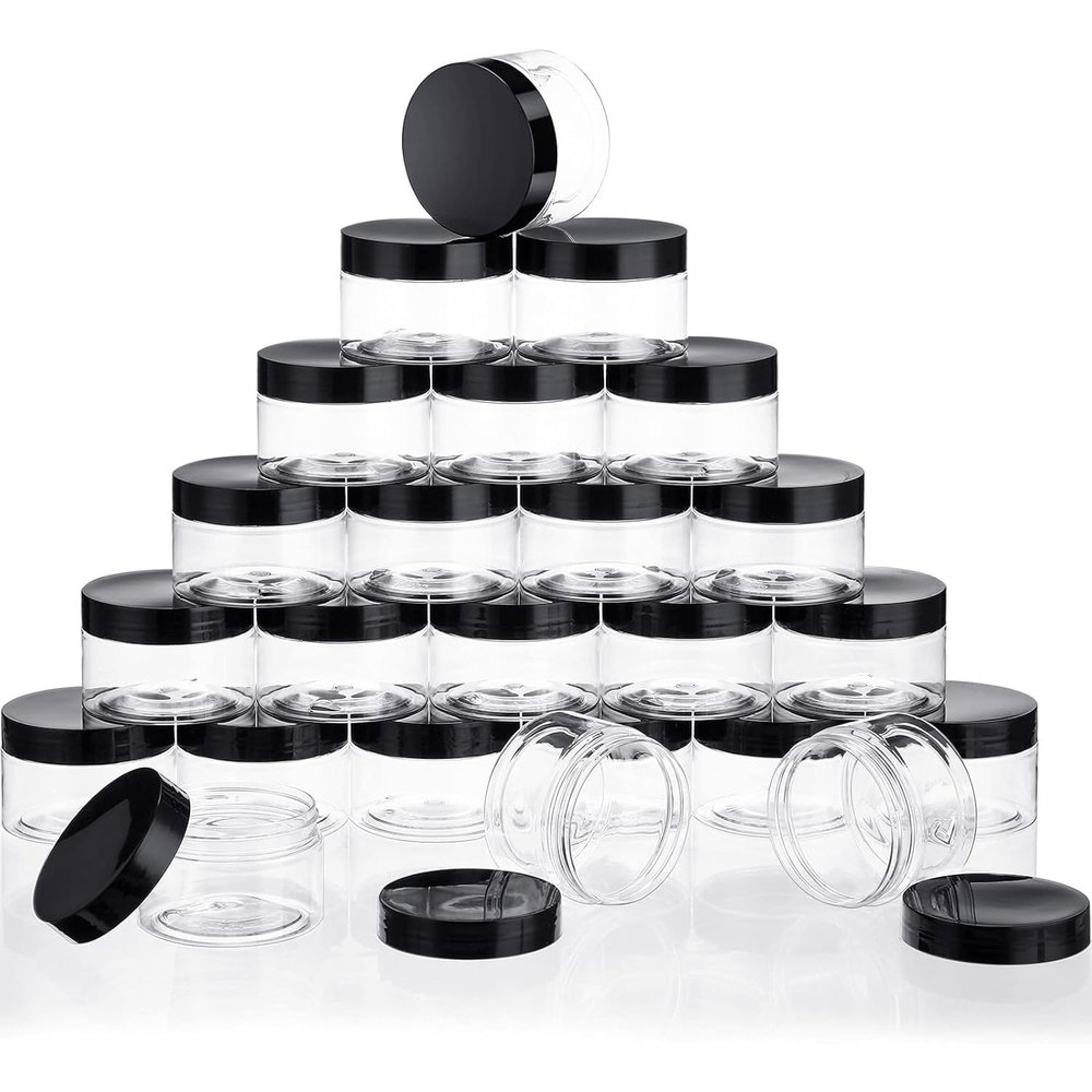 SATINIOR 24 Pieces Empty Clear Plastic Jars with Lids Round Storage Containers Wide-Mouth for Beauty Product Cosmetic Cream Lotion Liquid Butter Craft and Food (Black Lid, 4 oz)