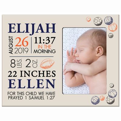 LifeSong Milestones Personalized Baby Birth Arrival Announcement - Newborn Stats Sports Nursery Picture Frame Decor for Boys and Girls 8 x 10 Frame Holds 4 x 6 Photo (Ivory)