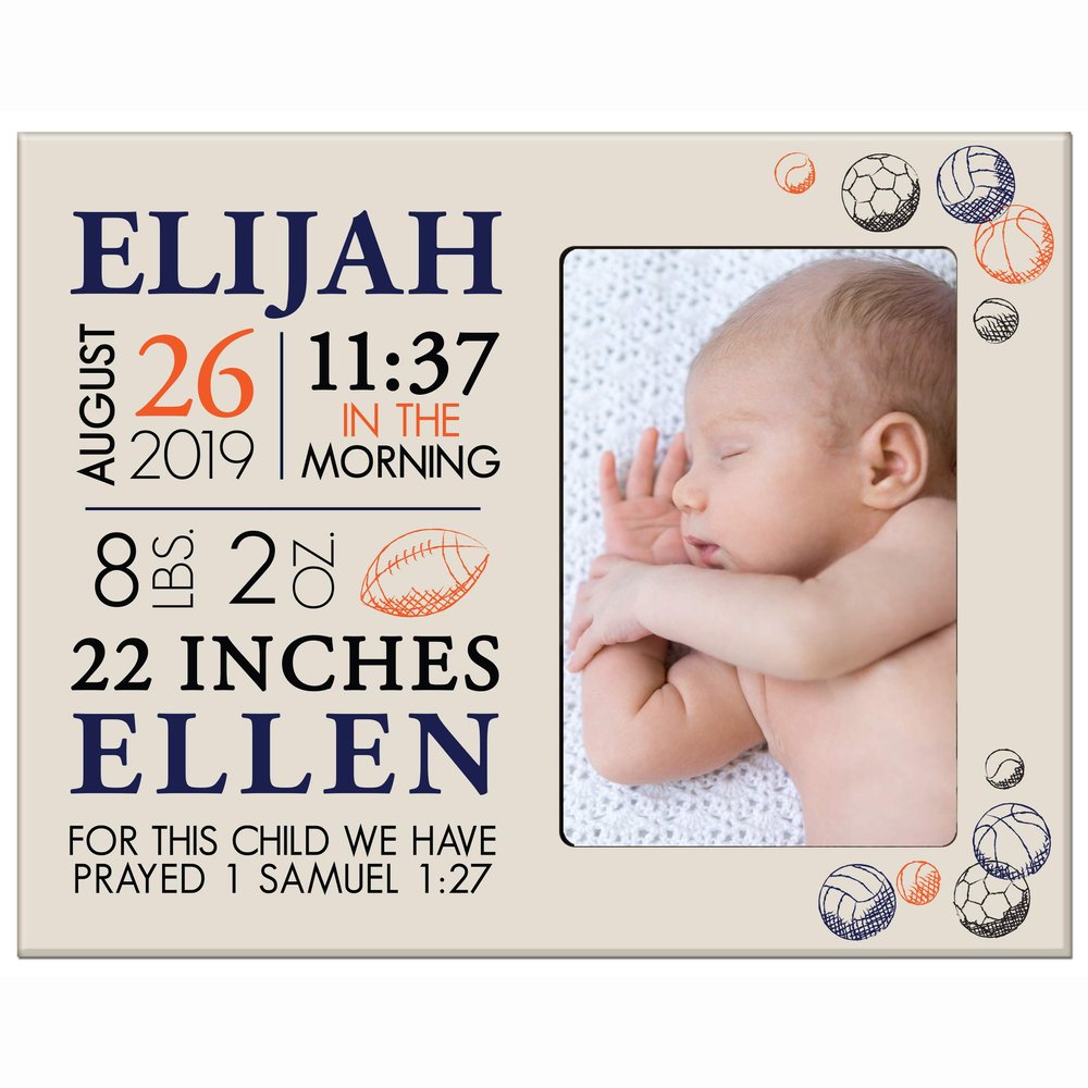 LifeSong Milestones Personalized Baby Birth Arrival Announcement - Newborn Stats Sports Nursery Picture Frame Decor for Boys and Girls 8 x 10 Frame Holds 4 x 6 Photo (Ivory)