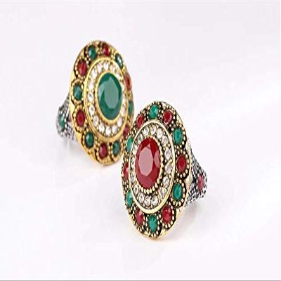 Bansriracha Indian Wedding Rings for Women Flower Crystal Antique Gold Silver Ring Trendy Bohemian Jewelry (Red, 9)