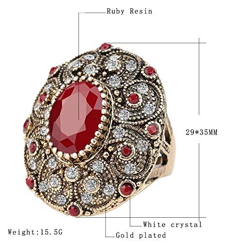 Bansriracha Indian Jewelry Boho Big Black Red Green Stone Ring Luxury Crystal Antique Gold Wedding Rings for Women (Red, 9)