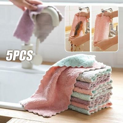 lRICE-home Household Kitchen Double Sided Strong Absorbent Anti Oil Cleaning Dish Cloth Towel - Random Color 5pcs