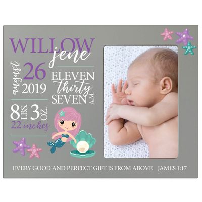 LifeSong Milestones Personalized Baby Birth Arrival Announcement - Newborn Stats Mermaid Nursery Picture Frame Decor for Boys and Girls 8 x 10 Frame Holds 4 x 6 Photo (Grey)