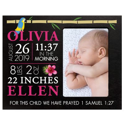 LifeSong Milestones Personalized Baby Birth Arrival Announcement - Newborn Stats Tropical Nursery Picture Frame Decor for Boys and Girls 8 x 10 Frame Holds 4 x 6 Photo (Black)