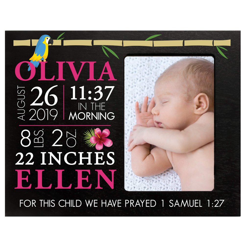 LifeSong Milestones Personalized Baby Birth Arrival Announcement - Newborn Stats Tropical Nursery Picture Frame Decor for Boys and Girls 8 x 10 Frame Holds 4 x 6 Photo (Black)
